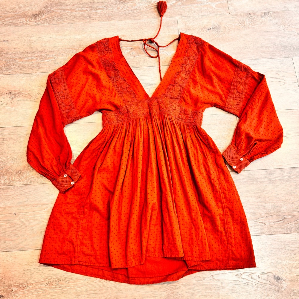 Free People Sugarpie Mini Dress Swiss Dot Smocked‎ V Neck Burnt Orange Medium M